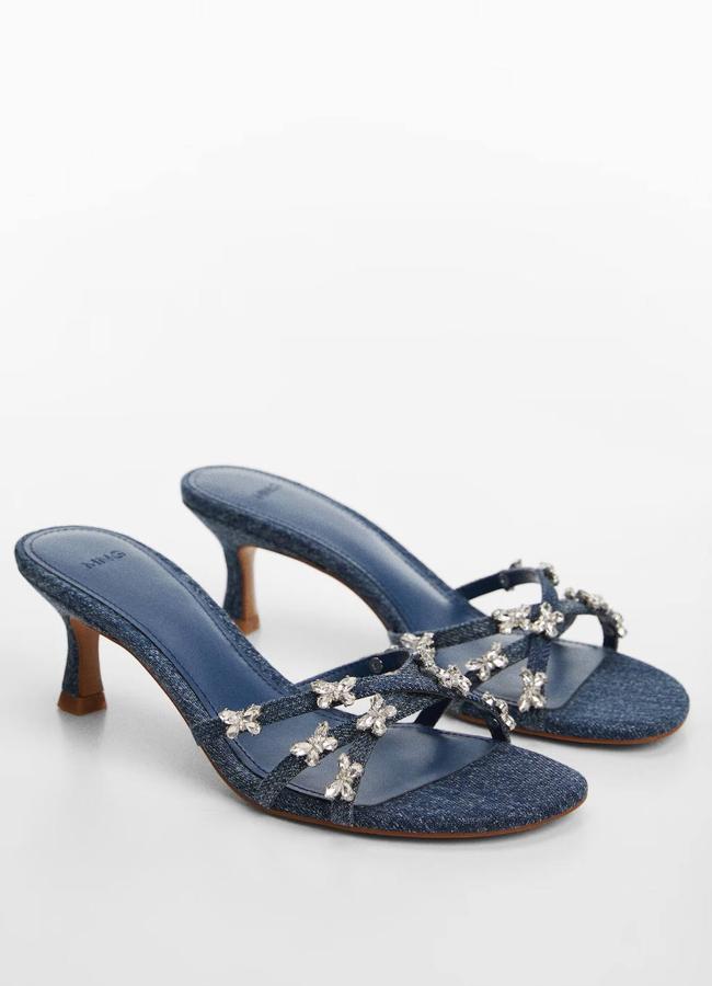 Sandalias de tacón bajo denim con cristales