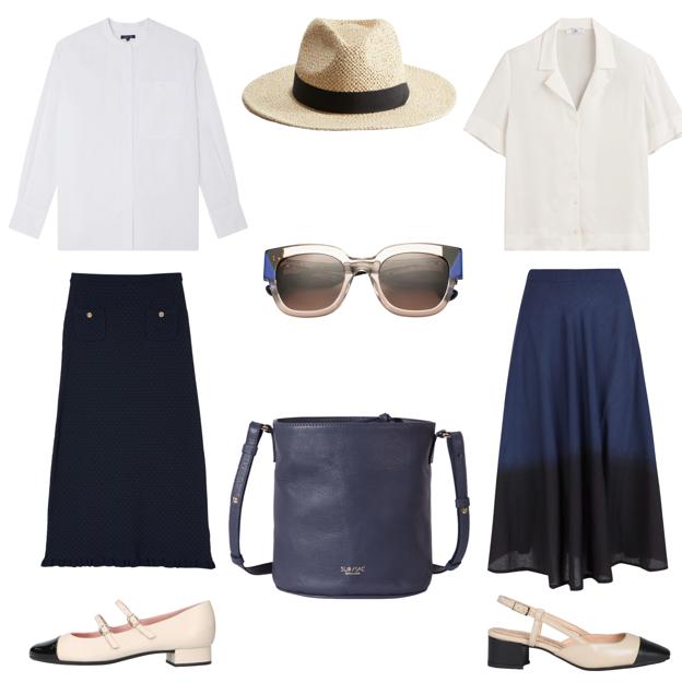 Camisa blanca en popelín, de SOEUR (165 €). Sombrero tipo panamá, de H&M (16 €). Camisa con manga corta, de LA REDOUTE COLLECTIONS (22, 49 €). Falda efecto tie dye, de PAR Y ESCALA (79 €). Zapato destalonado bicolor, de MIMAO (71 €). Bolso tipo saco, en piel, de SUR/SAC (235 €). Bailarina tipo merceditas con doble Pulsera, de PRETTY BALLERINAS (249 €). Falda con bolsillos y botones dorados, de SANDRO (195 €). Gafas en acetato, de WOODYS (164 €). 